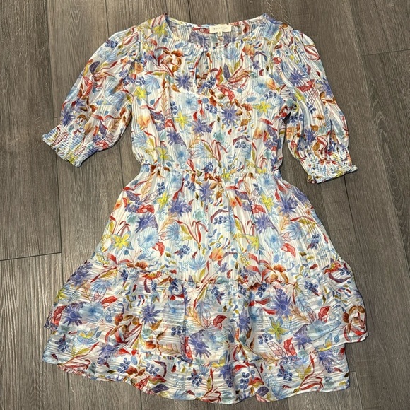 Melloday Floral Mini Sundress | Smocked Waist & Sleeves | Size S | Multicolor - Picture 1 of 11